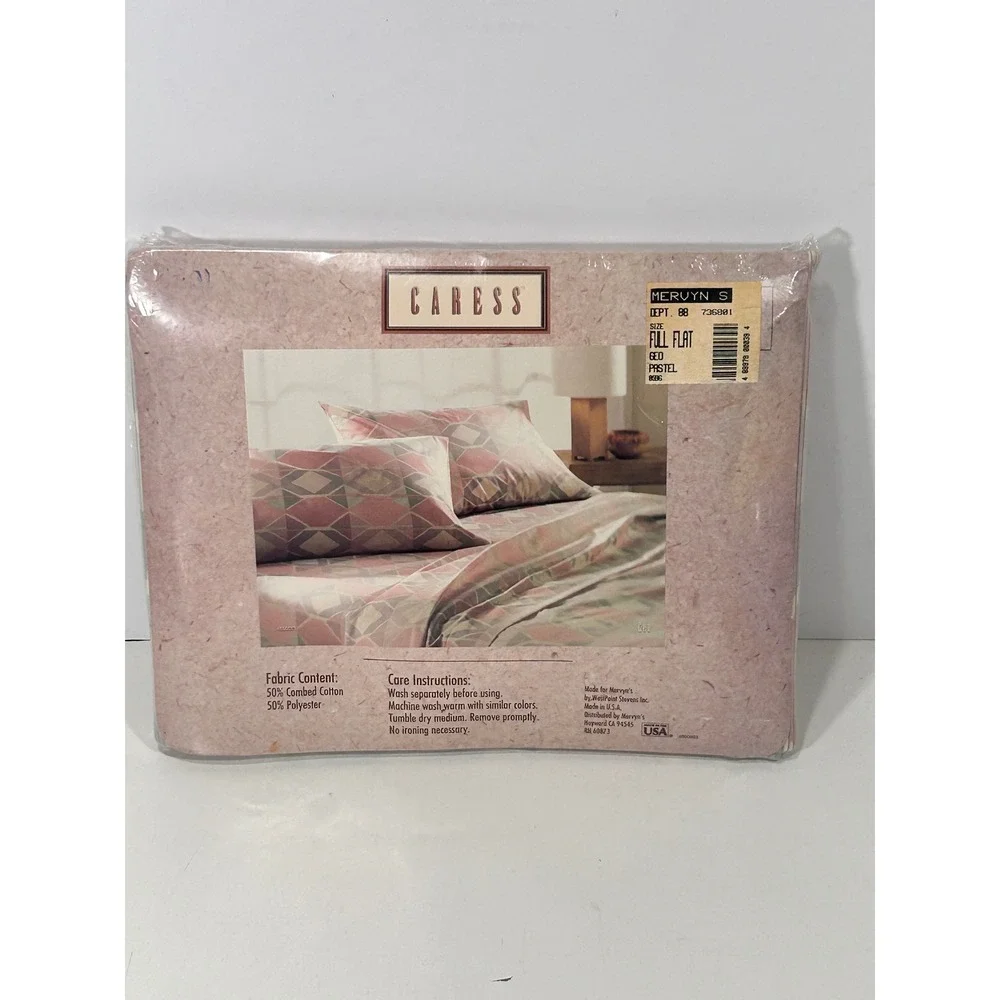 Vintage Caress Full Flat Sheet Geo Pastel Pink Grey 180 TC Percale Mervyns USA
